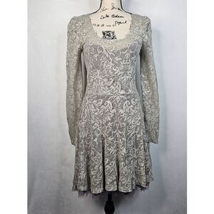 Lace Overlay Long-Sleeve Fit & Flare Dress in Light Gray